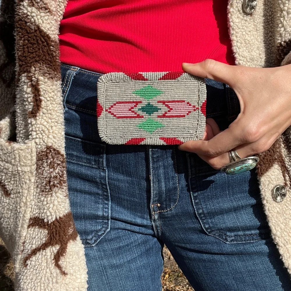 VINTAGE Beaded XL Southwestern Western Belt Buckle Unisex Native Cowboy